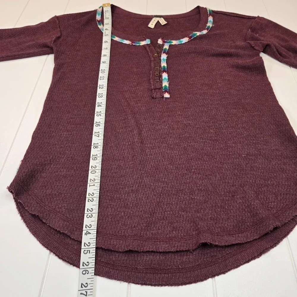 Free People Burgundy Embroidered‎ Braided Thermal Long Sleeve Shirt Size SMALL
